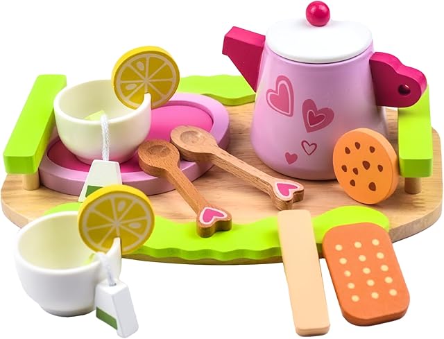 Coriver Wooden Tea Set for Toddlers, 14 Pcs Kids Tea Sets with Play Food Dessert Tray Teapot Wooden Kitchen Accessories, Pretend Role Play Kids Tea Set for Girls Boys 3+ Year Old
