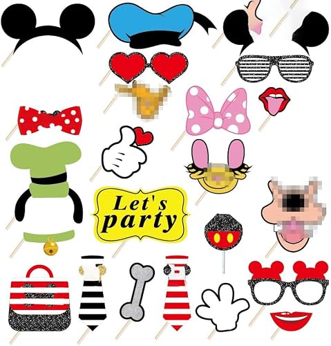 25Pcs Mouse Photo Booth Props with Stick, Cartoon Themed Selfie Props for Cartoon Birthday Party Supplies