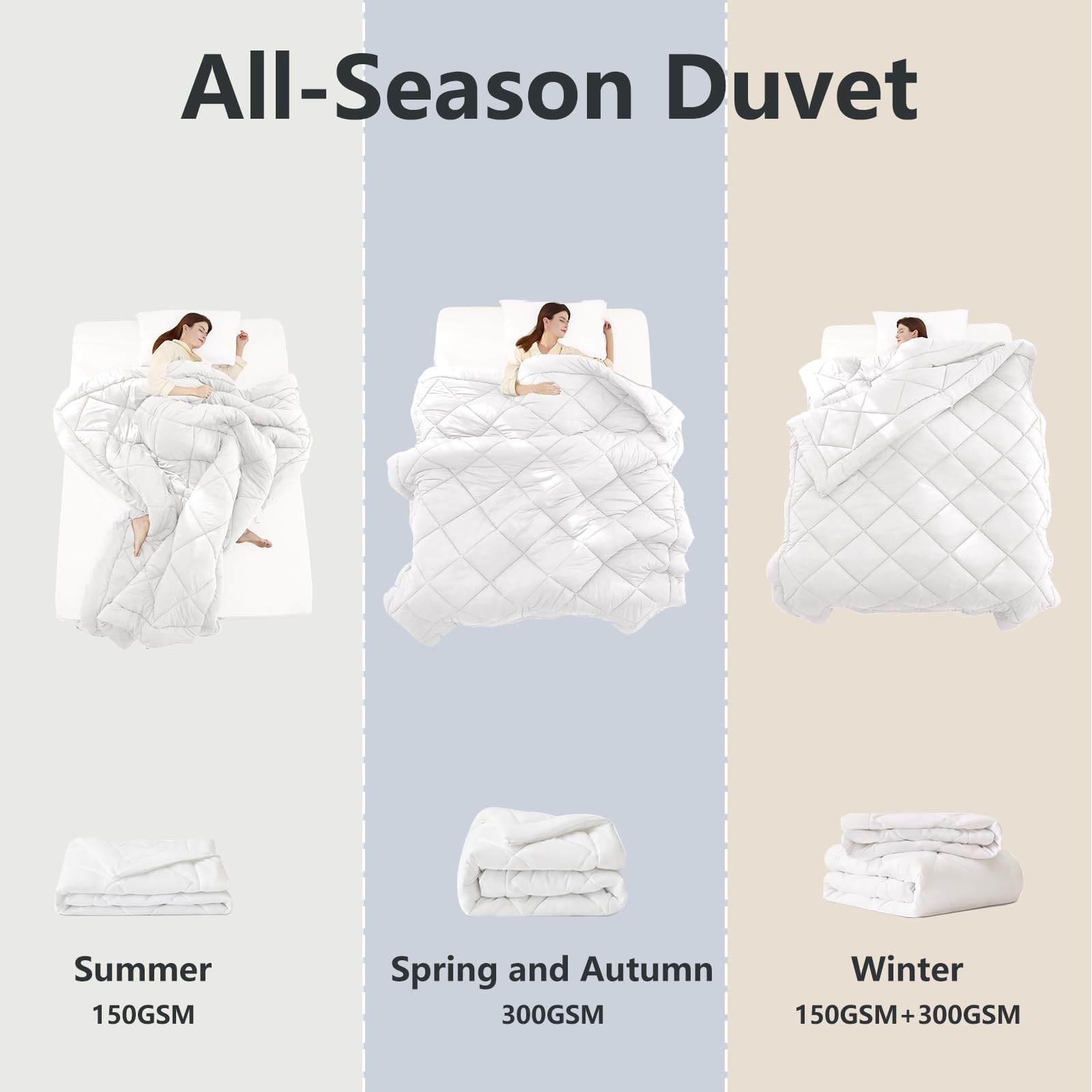WAVVE Couette 220x240 Ensemble de 2 pièces été 150g/m² + 4 Saisons 300g/m² = Hiver 450g/m² Édredon 2 Personnes Microfibre Blanc