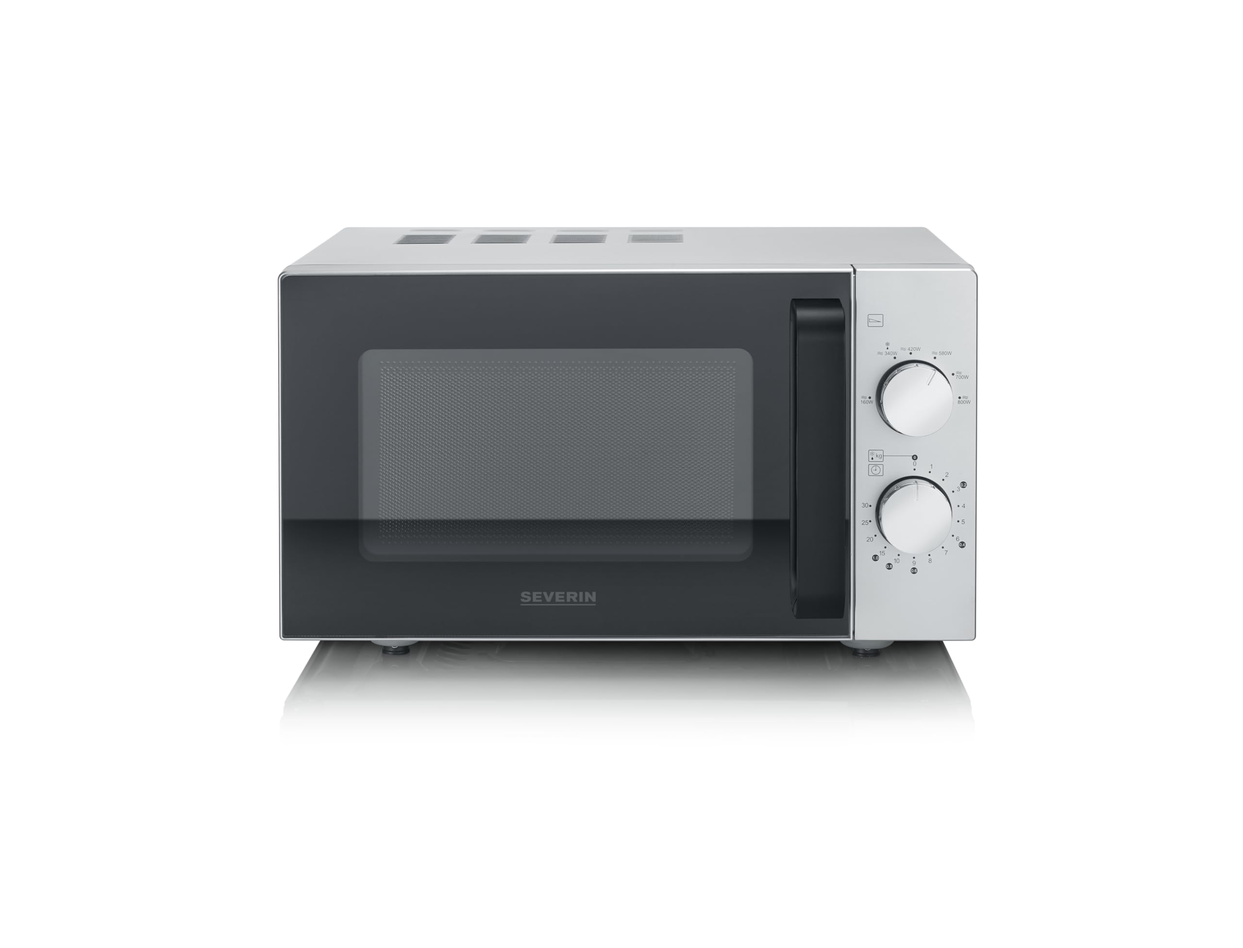 SEVERIN Microondas Flatbed 20 l, 800 W, interior plano, sin plato giratorio, calentamiento uniforme, 6 niveles de potencia, 2 mandos de control manual, negro mate, acero inoxidable, MW 9184