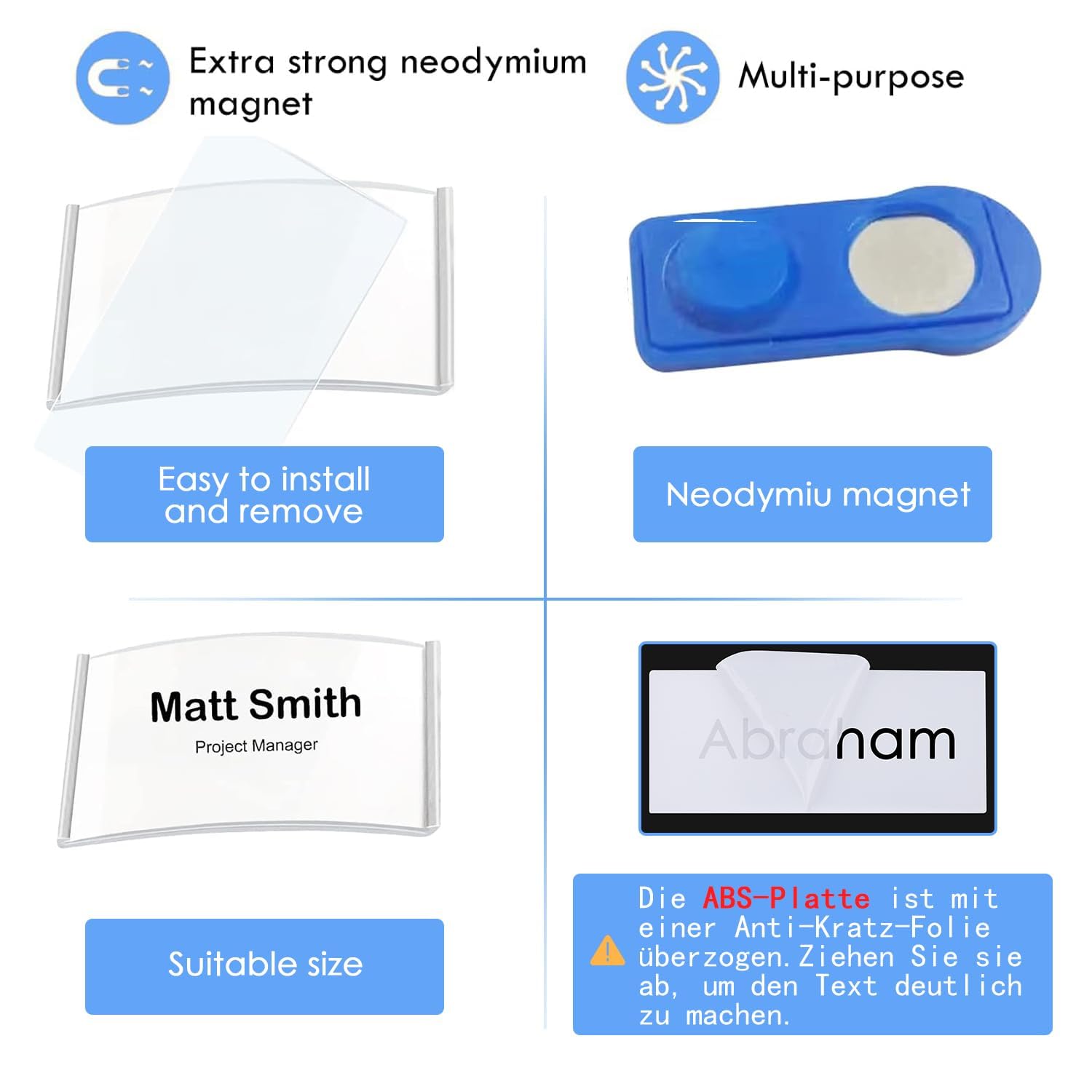 15 Badge Aimanté - Badges Nominatifs Magnétiques Pour Vêtements - Avec Double Aimant Puissant - Avec Fente en Papier - Environ 75 x 32mm (En Aluminium/Argenté)