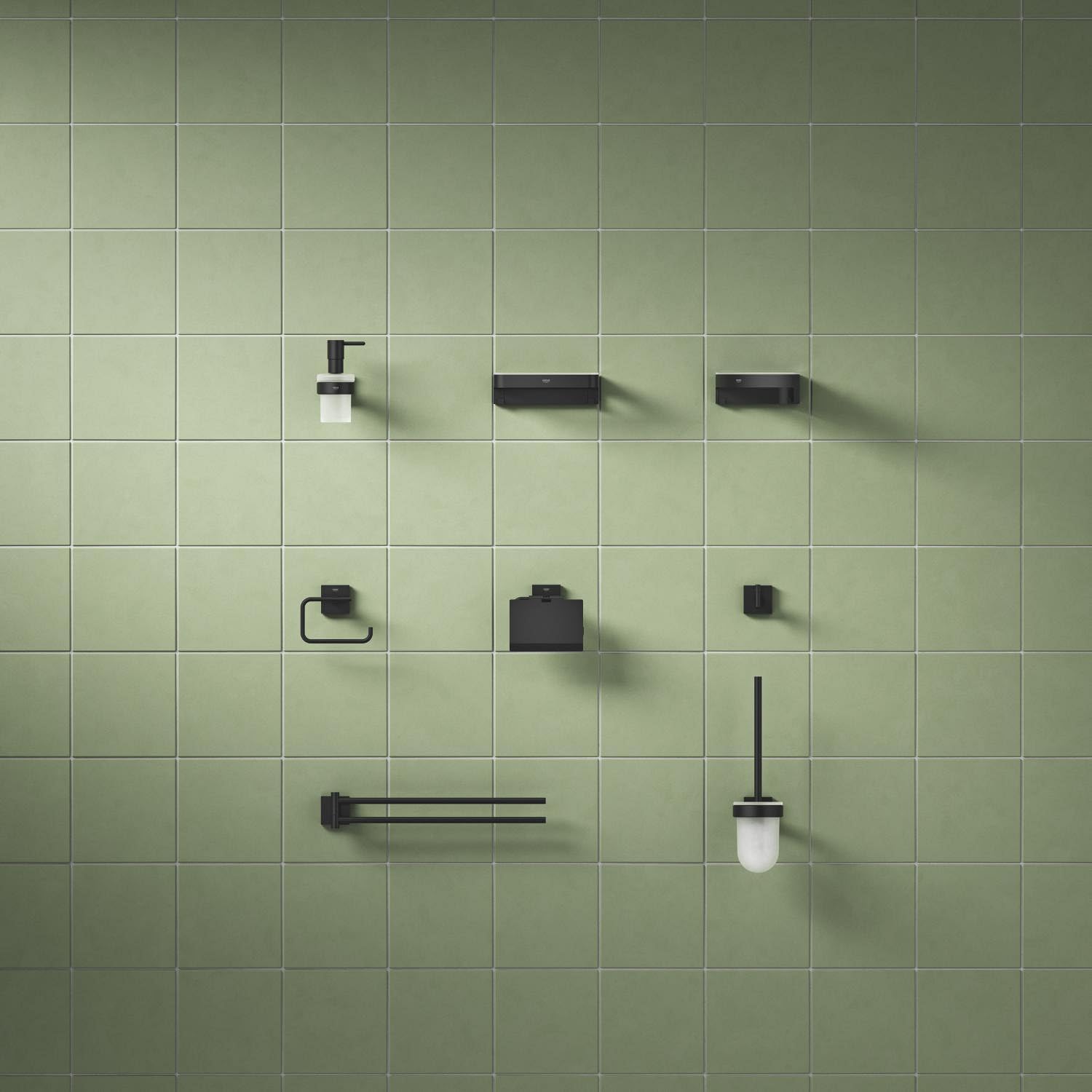 GROHE Lote Start Cube QuickFix - Portarrollos de Papel higiénico con Tapa + A1 QuickGlue (Metal, Montaje en Pared, fijación Oculta, Incluye Tornillos y Tacos), tamaño 111 mm, Negro Mate, 411022430