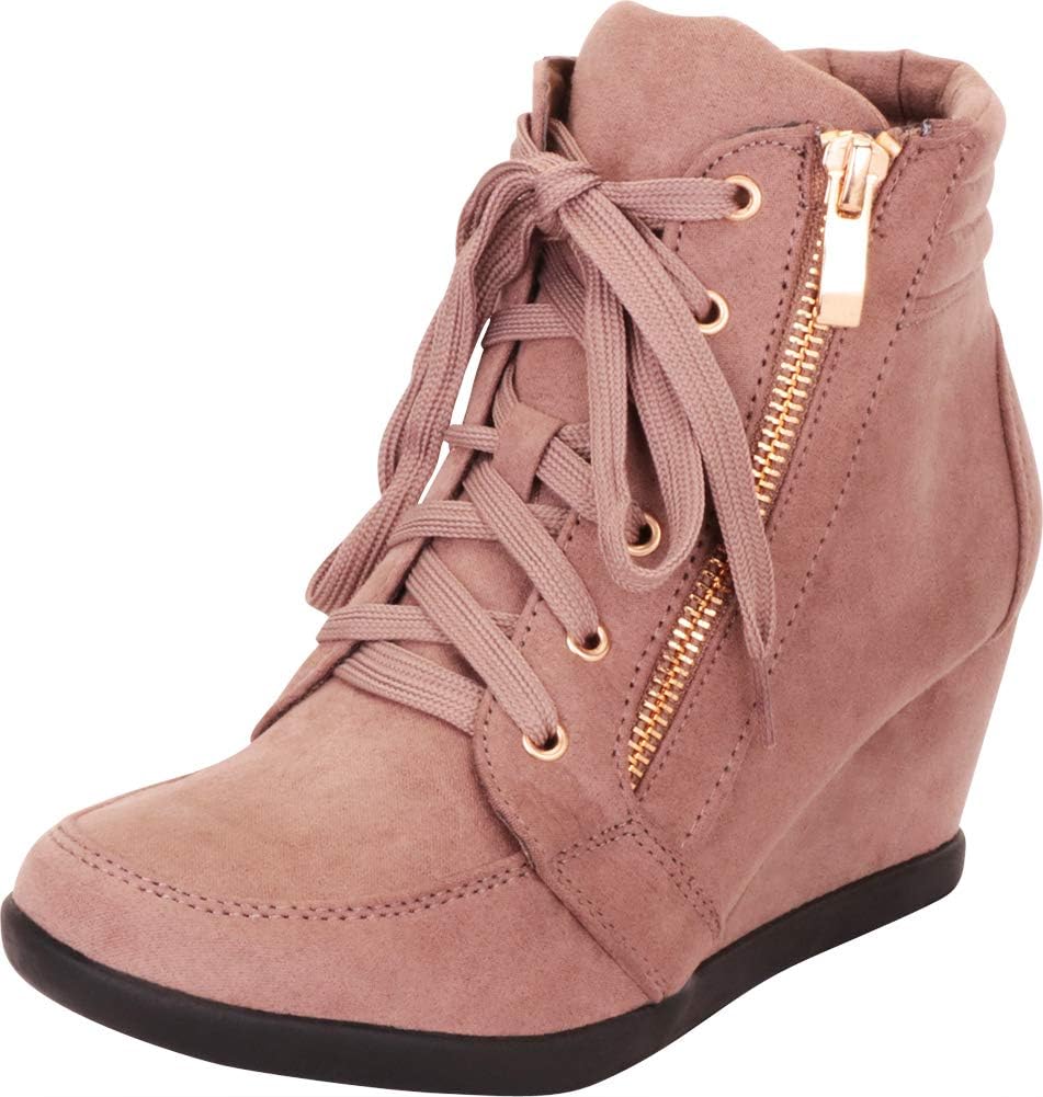 Women's Lace-up Zipper Wedge Fashion Sneaker,8 B(M) US,Taupe