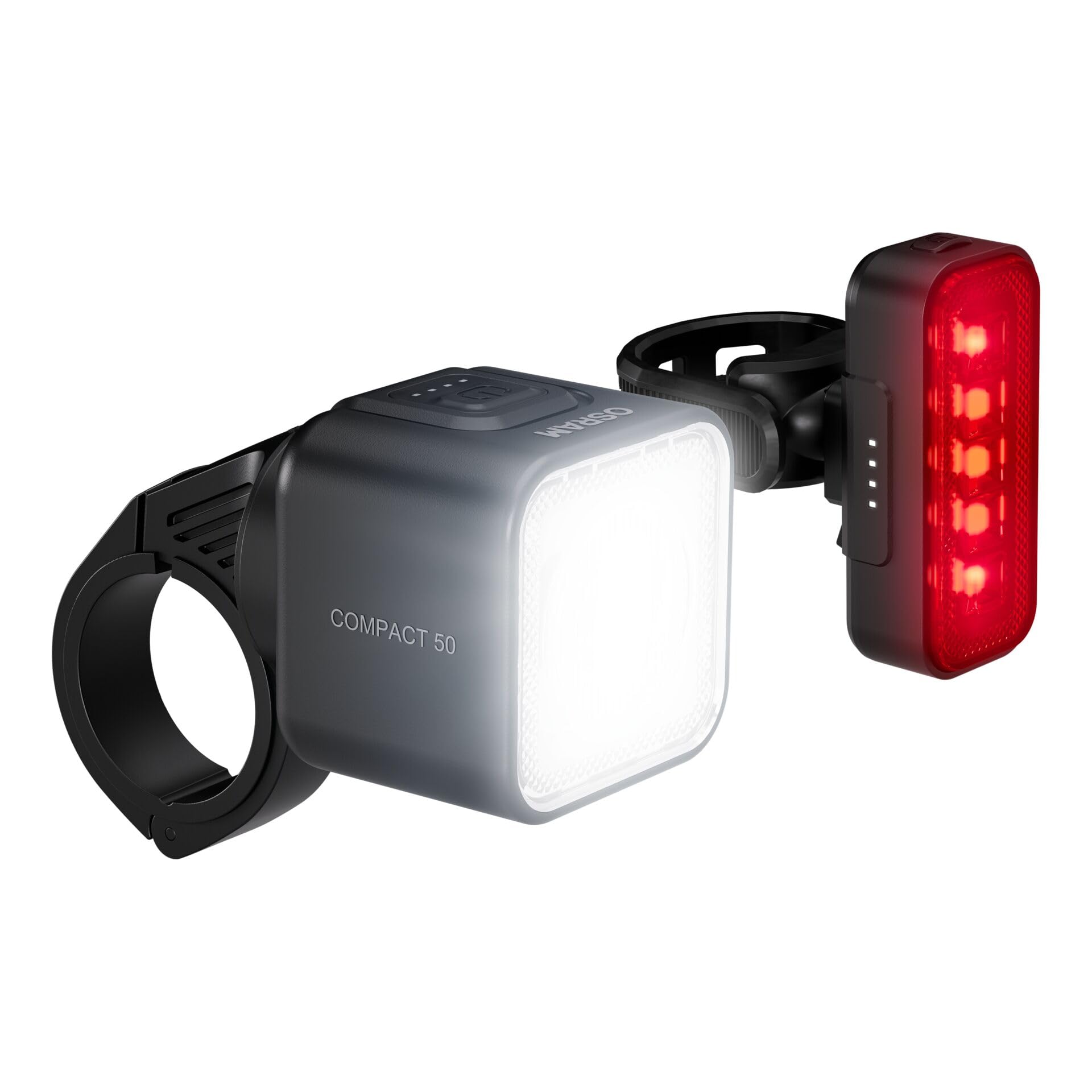 OSRAM LEDsBIKE COMPACT 50 Set, wiederaufladbares Fahrradlicht-Set – Vorder- und Rücklicht, StVZO-geprüft, Garmin-kompatible Halterun, DREI Beleuchtungsmodi, 50 Lux