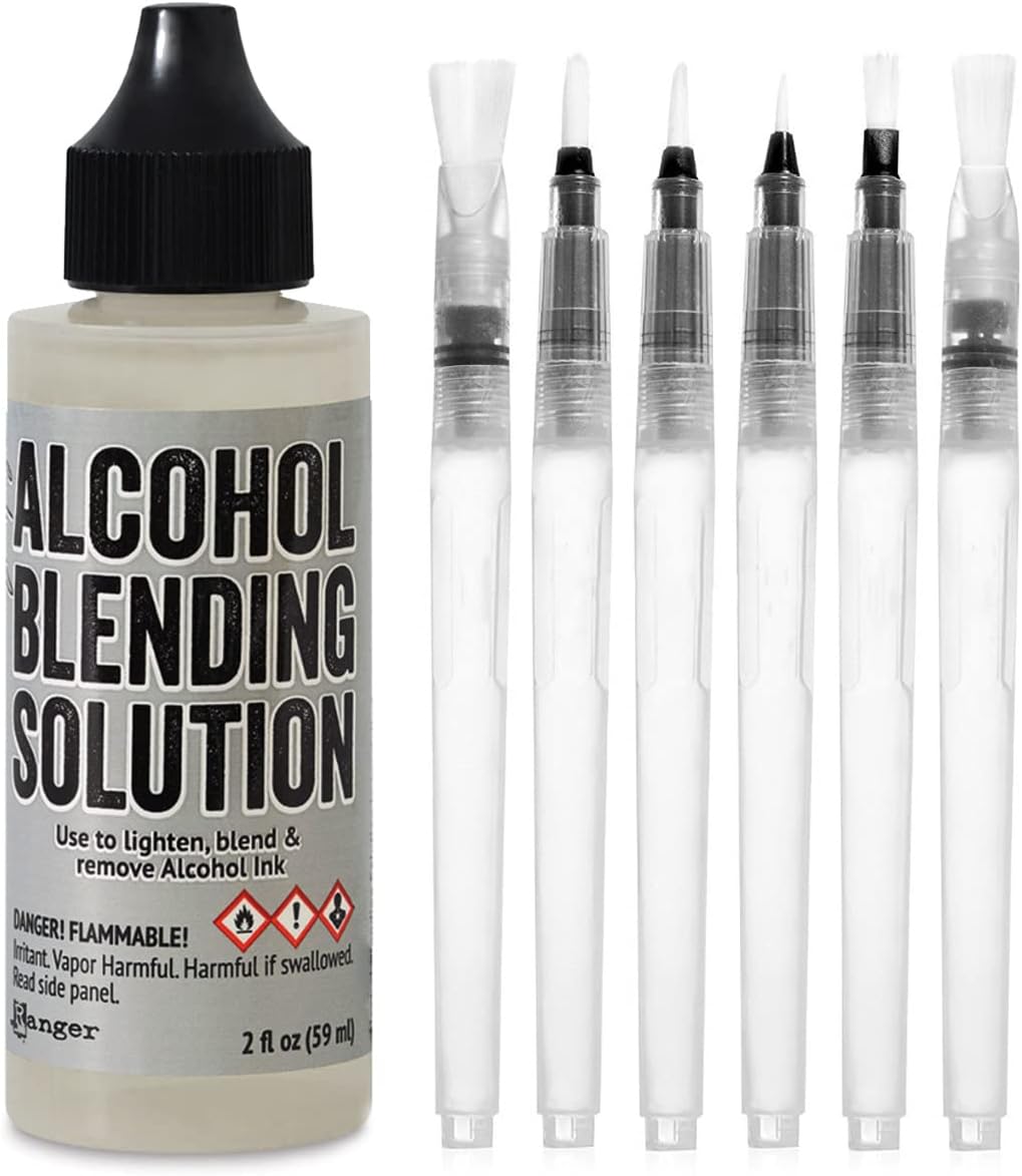 GrandProducts Art Bundles Alcohol Ink Blending Solution - Ranger Blending Solution Tim Holtz 2-Ounce, Alcohol Ink Supplies 6 Pixiss Blending Brush Pens