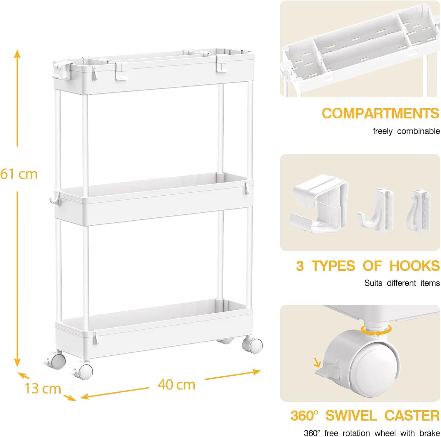SPACEKEEPER Storage Trolley 3Tier Rolling Utility Cart Storage