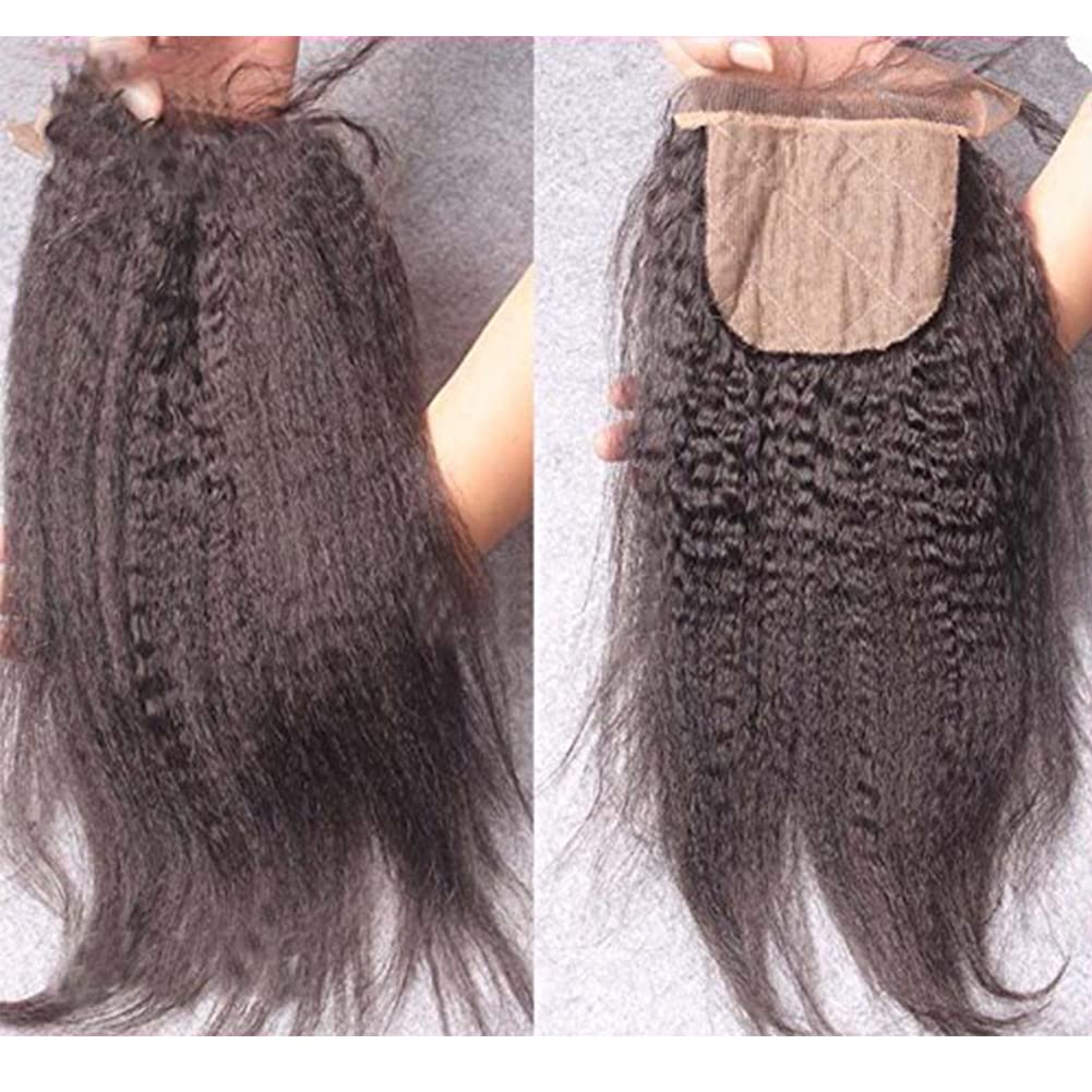 Silk Base Top Closure Yaki Straight Bleached Hidden Knots Free Part 4x4 Fake Scalp Lace Closure With Baby Hair Unprocessed Virgin Kinky Straight Human Hair Closure 14" inch