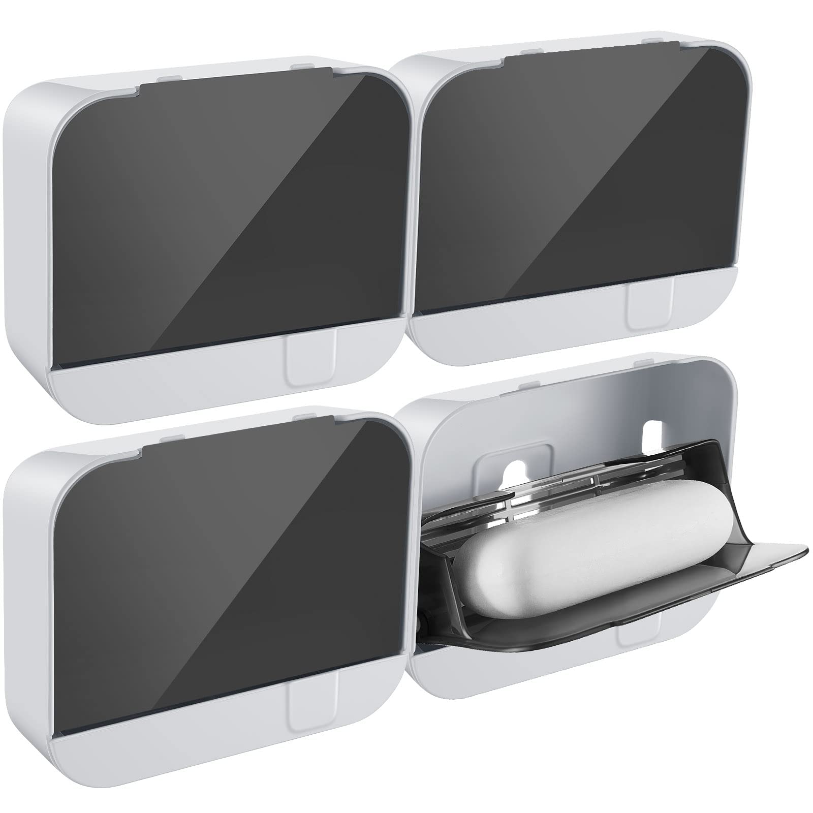 MAKINGTEC Bar Soap Holder, 4 Pack Soap Dish Holder Shower Wall Mounted Bar Soap Holder with Drain Flip Waterproof Soap Container Removable Soap Box Holder Adhesive Bathroom Sink Soap Box Dish White