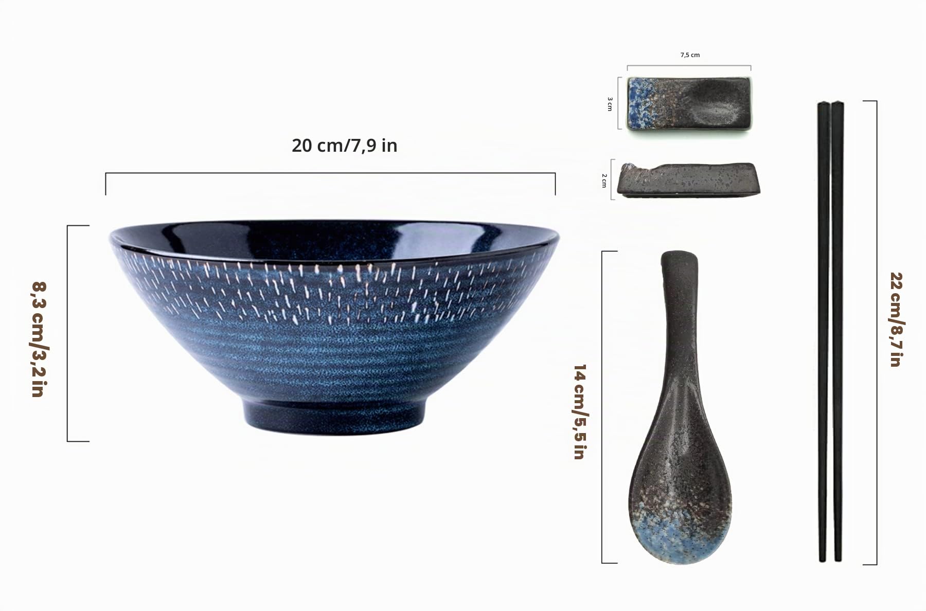 Lot de 8 bols à ramen japonais en céramique, 2 bols à ramen avec bol en céramique pour baguettes et cuillère à cadre pour nouilles asiatiques et udon (ensemble 2 pièces)