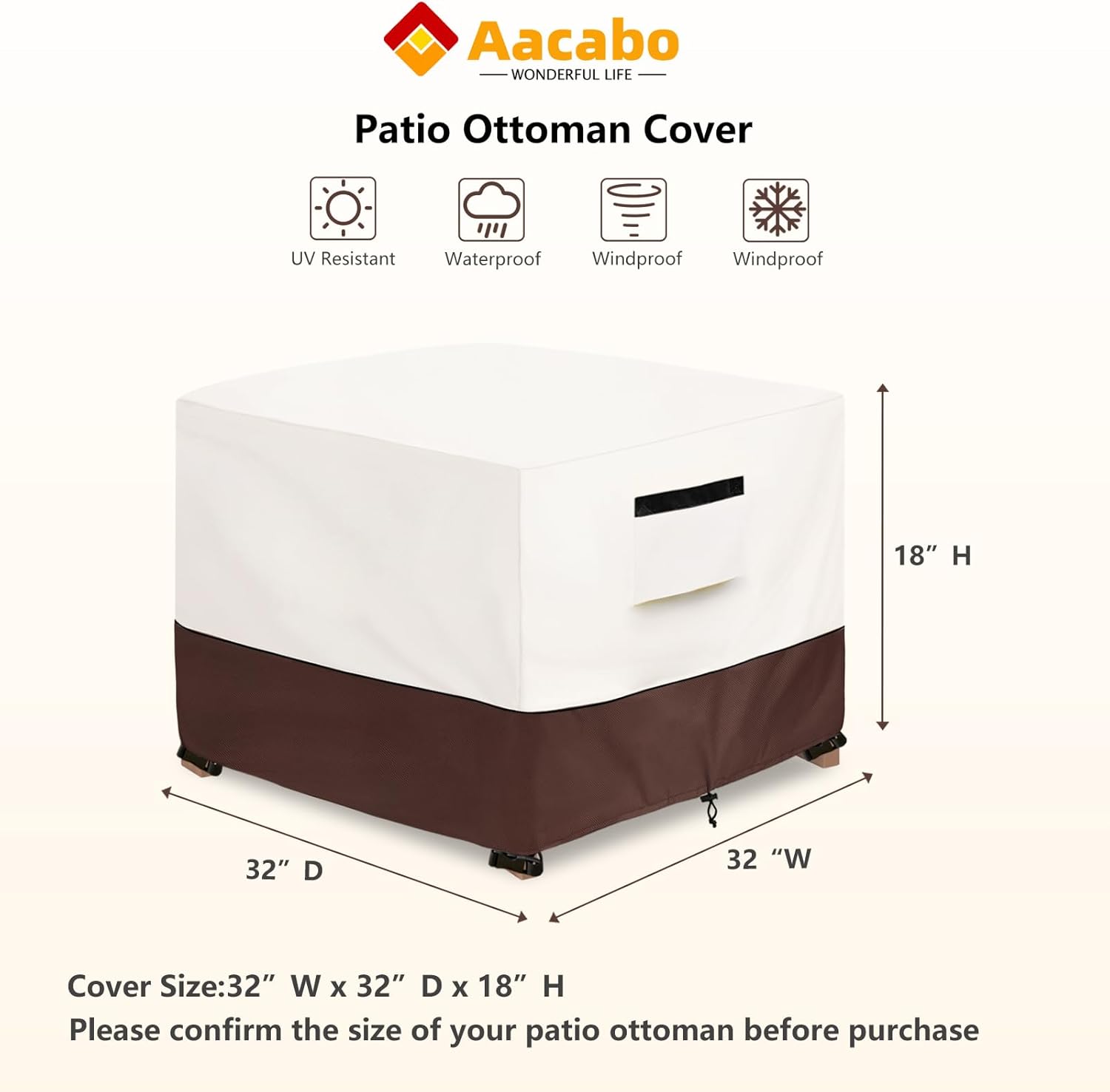 Patio Ottoman Cover,32W x 32D x 18H inch,Waterproof Square Patio Small Side Table Cover,Suitable for 3-Piece Outdoor Wicker Patio Bistro Set Side Table(Beige)