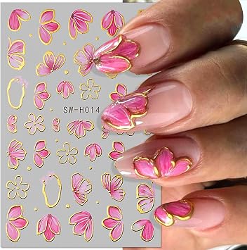 Pink Flower Nail Stickers 3D Nail Art Stickers Flowers Sakura Petals Floral Nail Decals for Nail Art Accessories