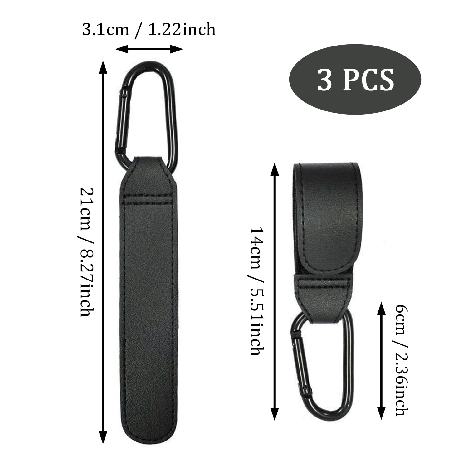 SYEYCW 3 Pcs Black Buggy Clips, Universal Pram Clips for Buggy Leather Pram Hooks for Bags Adjustable Stroller Hooks - Image 2