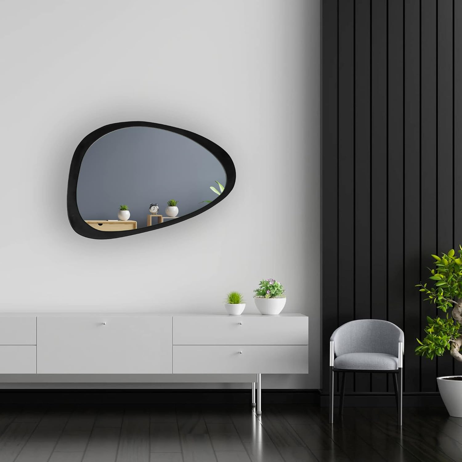 44"x30" Asymmetrical Irregular Wall Mirror, Wooden Framed Decorative Mirror for Livingroom Bedroom Bathroom Entryway Over Sink Vanity, Horizontally or Vertically Wall Mounted, Black, NOVA