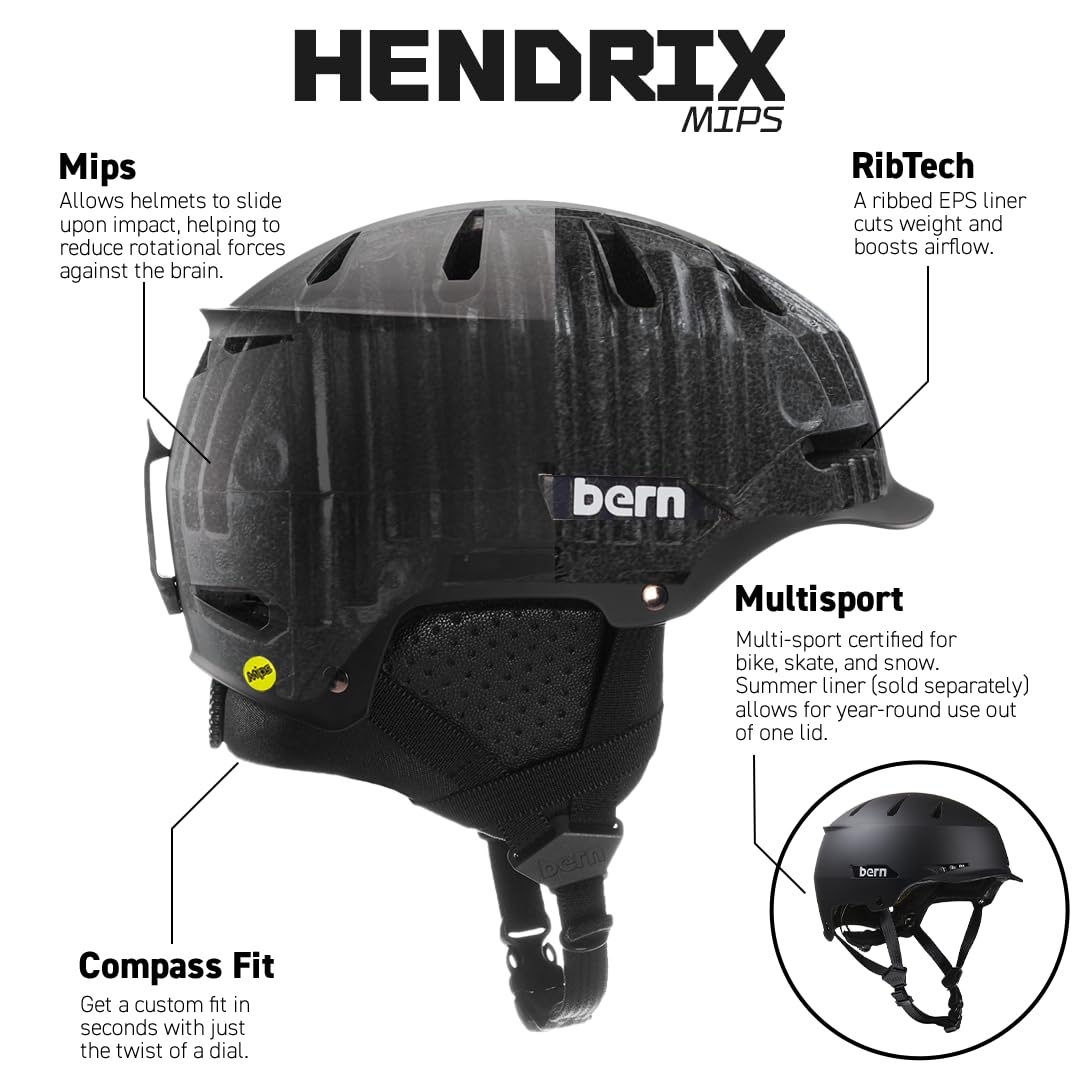 Amazon.com: BERN Hendrix Snowsports Ski and Snowboard Helmet for Men and Women, Brim Style, Multisport Certified, Adjustable Fit, Removable Liner, Anti-Fog Ventilation : Sports & Outdoors
