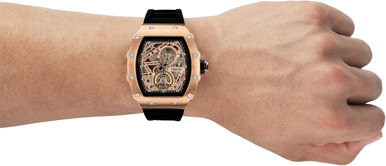 TIME100 Automatic Mechanical Watches for Men Skeleton Square Big Face Wristwatch Adjustable Silicone Strap W60168G - Image 2