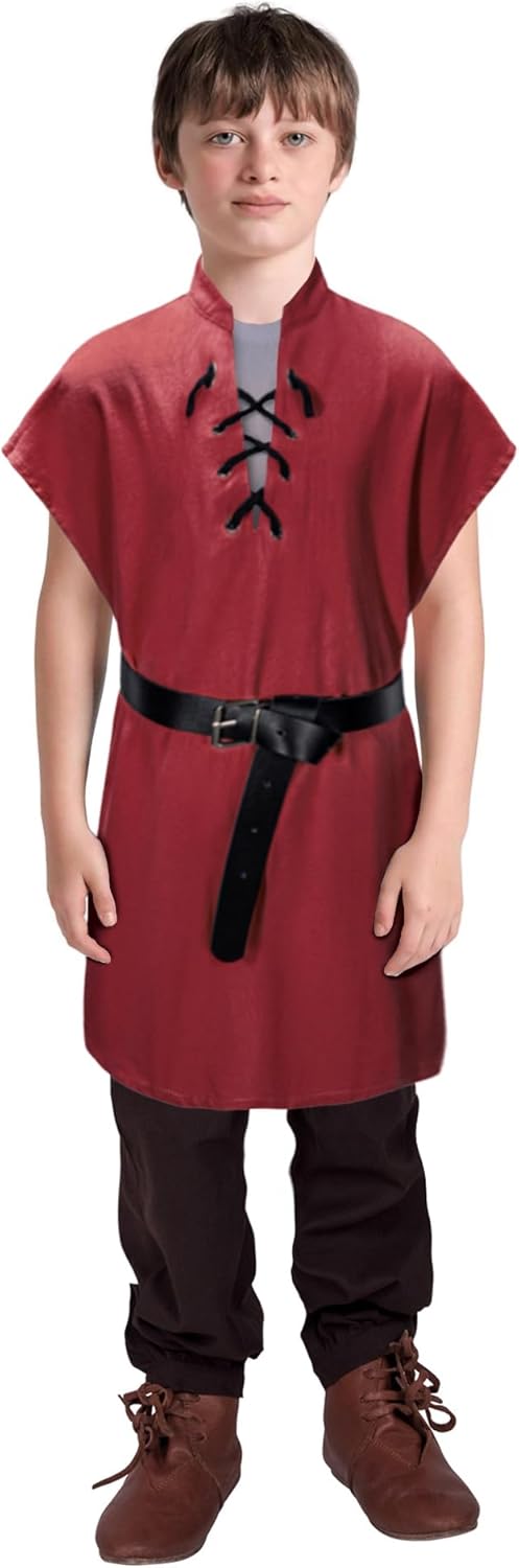 Kids Medieval Viking Tunic Pirate Renaissance Retro Costume Shirt witn Belt for Boys Halloween Cosplay 3-12 Years - Image 2