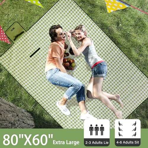 Picnic Blanket Outdoor Extra Large Picnic Mat 80"X60" Camping Blanket Beach Blanket Foldable Waterproof Sand Mat Hiking Travel Family Concerts(Green)