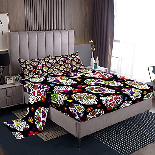 Homewish Sugar Skull Bed Sheets Queen Size 4pcs Deep Pocket Sheet Sets with Floal Skull Fitted Sheet, Gothic Flat Sheet and 2 Pillowcases Halloween Theme Bed Sheet Set