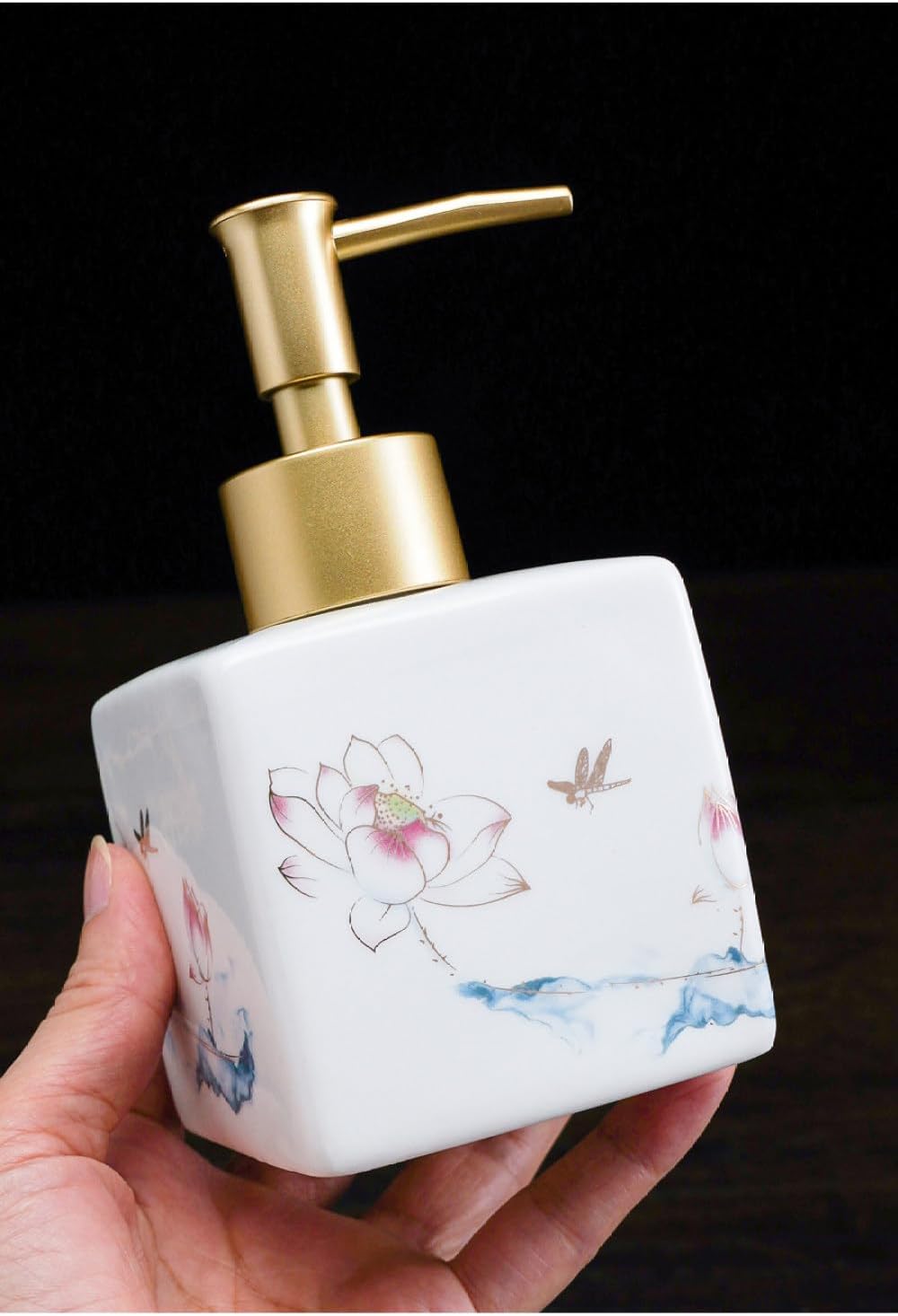 Vintage Ceramics Soap Dispenser, Chinese Lotus Dragonfly Hand Painted Aesthetic Bottle Ceramics Hand Soap Dispenser Lotion Bottle for Bathroom Kitchen,Small,