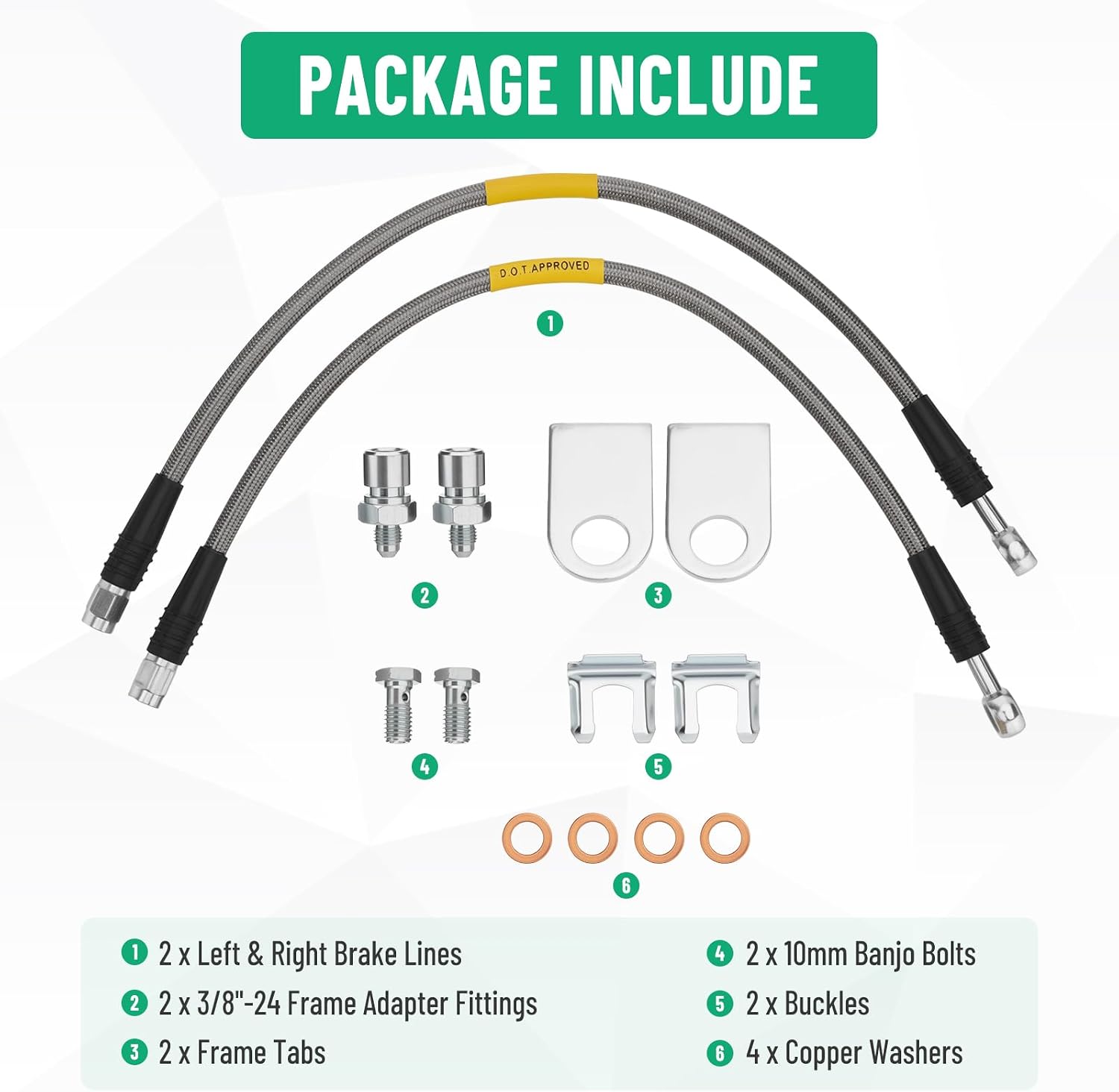 2PCS Stainless Steel Brake Lines, Compatible with GM Metric Brake Vehicles, with 10mm Banjo to 3/8"-24 Inverted Flare Female Swivel Adapter and Frame Tabs