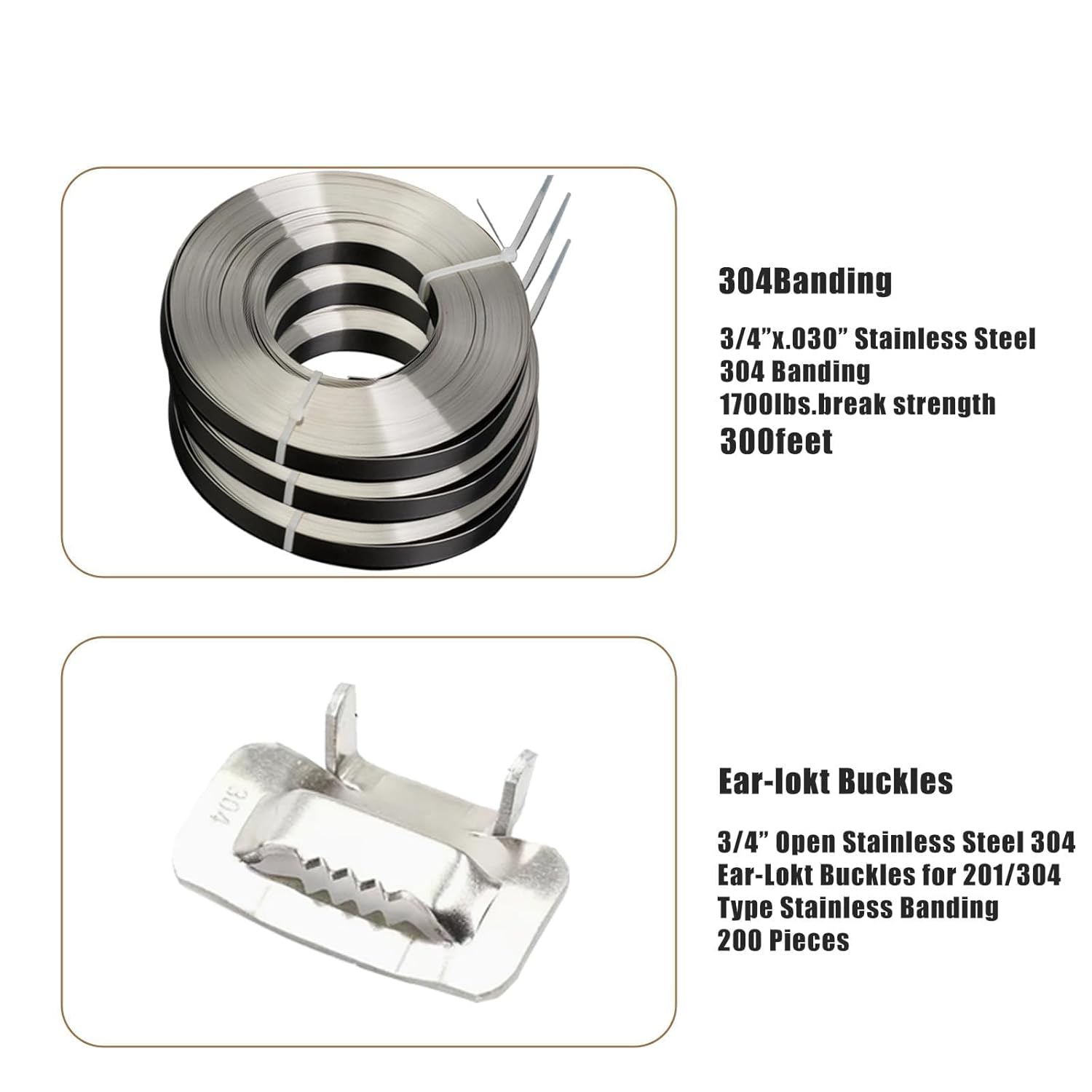 304 Stainless Steel Strapping Tape, 3 Rolls of 100 Ft Length 304 Material Steel Coil, 200 Pcs Ear-Lokt Buckles, for Heavy Duty, Heavy Load, Transportation Pallet Strapping