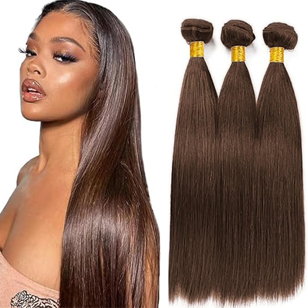 Hxxcoup #4 Chocolate Brown Color Human Hair Bundles Straight 30 32 34 Inch Weave 3 Bundles Total 300g Unprocessed Virgin Remy Double Weft Human Hair Extension For Women