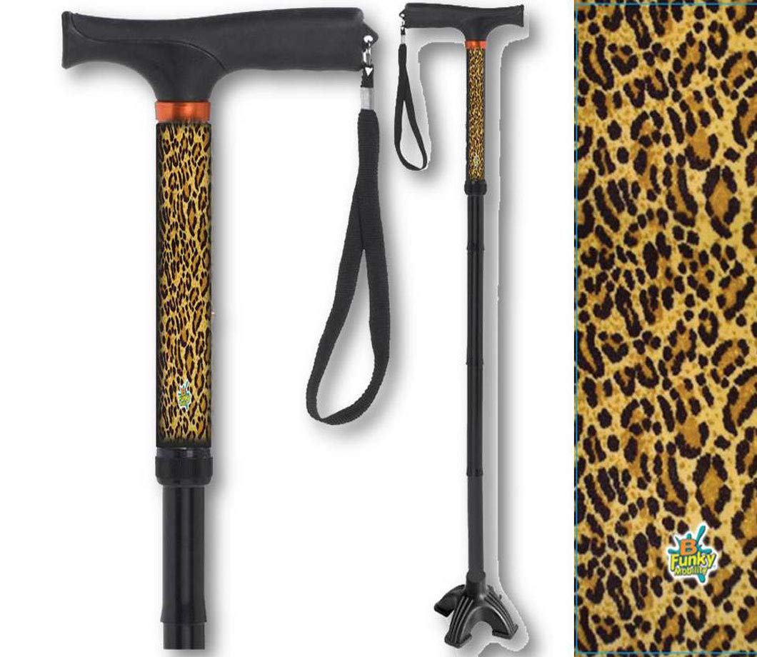 Folding Walking Cane Gel Soft Handle Footed Quad Cane Tip Adjustable Leopard Print Animal BFunkyMobility