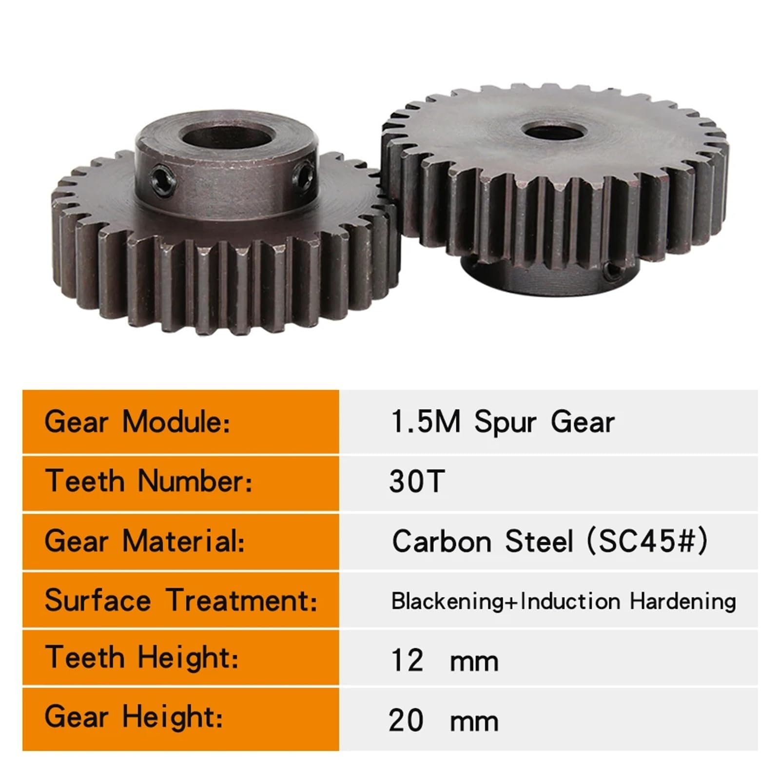 Engrenage droit 1,5M-30T, alésage 7/8-20 mm, dents, épaisseur 12 mm, acier au carbone, 1 pièce(8 mm,30T(Step O.D-25 mm))