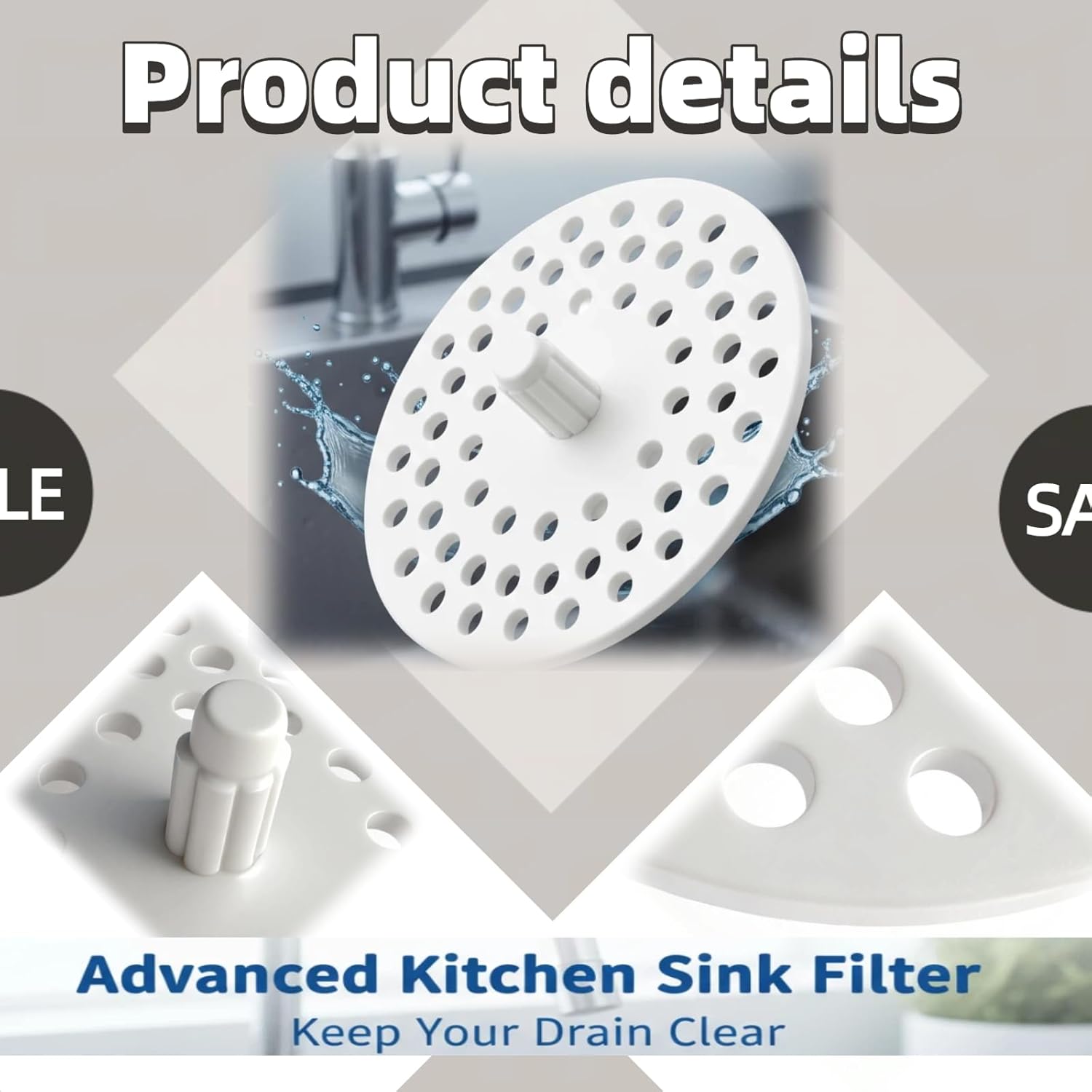 White Plastic Disposal Sink Strainer Fits Most Kitchen Sinks, Universal Fit Sink Basket Strainer Insert for Easy Waste Disposal, Durable & Easy-Clean