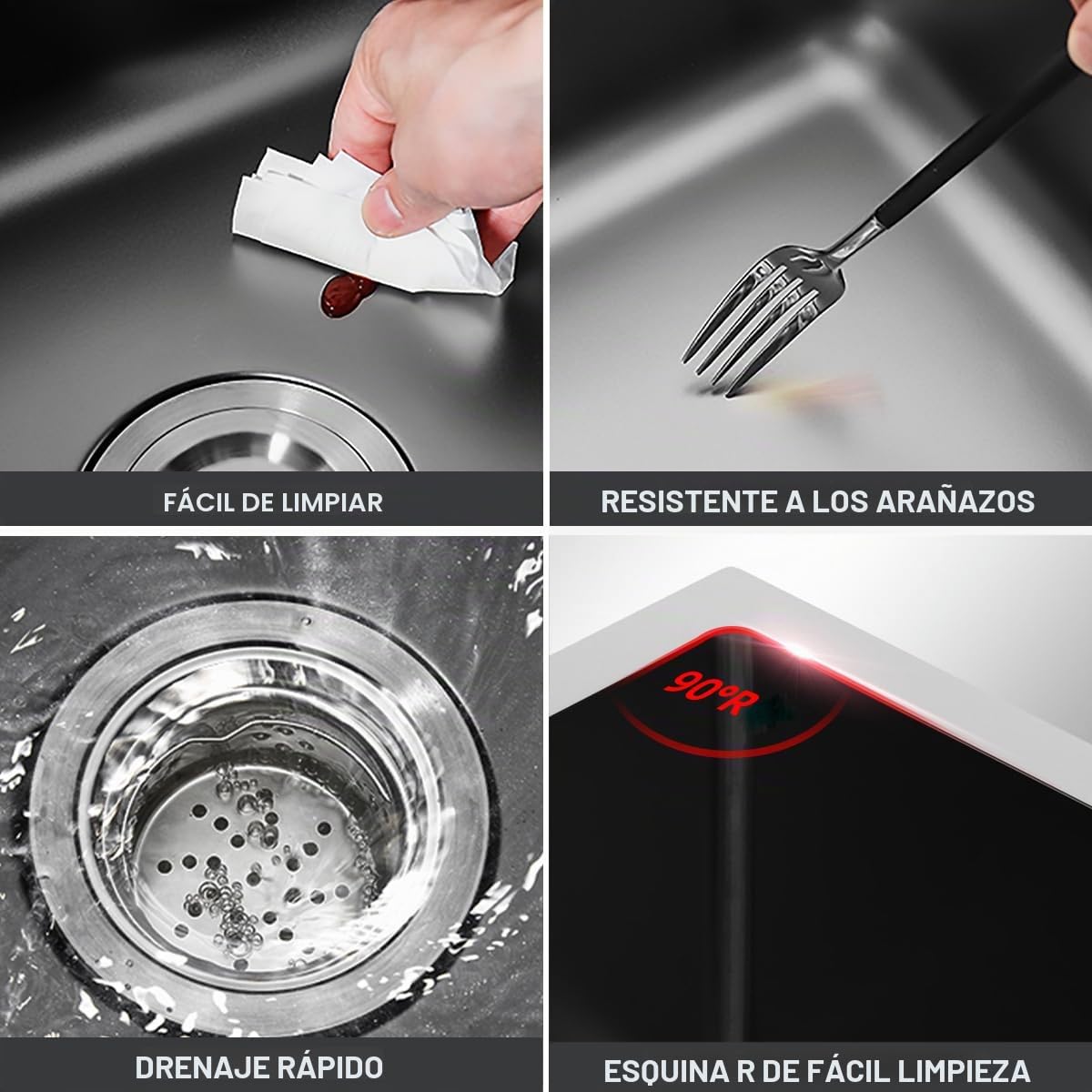 Fregadero negro mate, 55 x 45 cm, fregadero de cocina invisible, fregadero empotrable, fregadero de cocina, fregadero de acero inoxidable, lavabo con grifo elevador extensible y función de lavado de