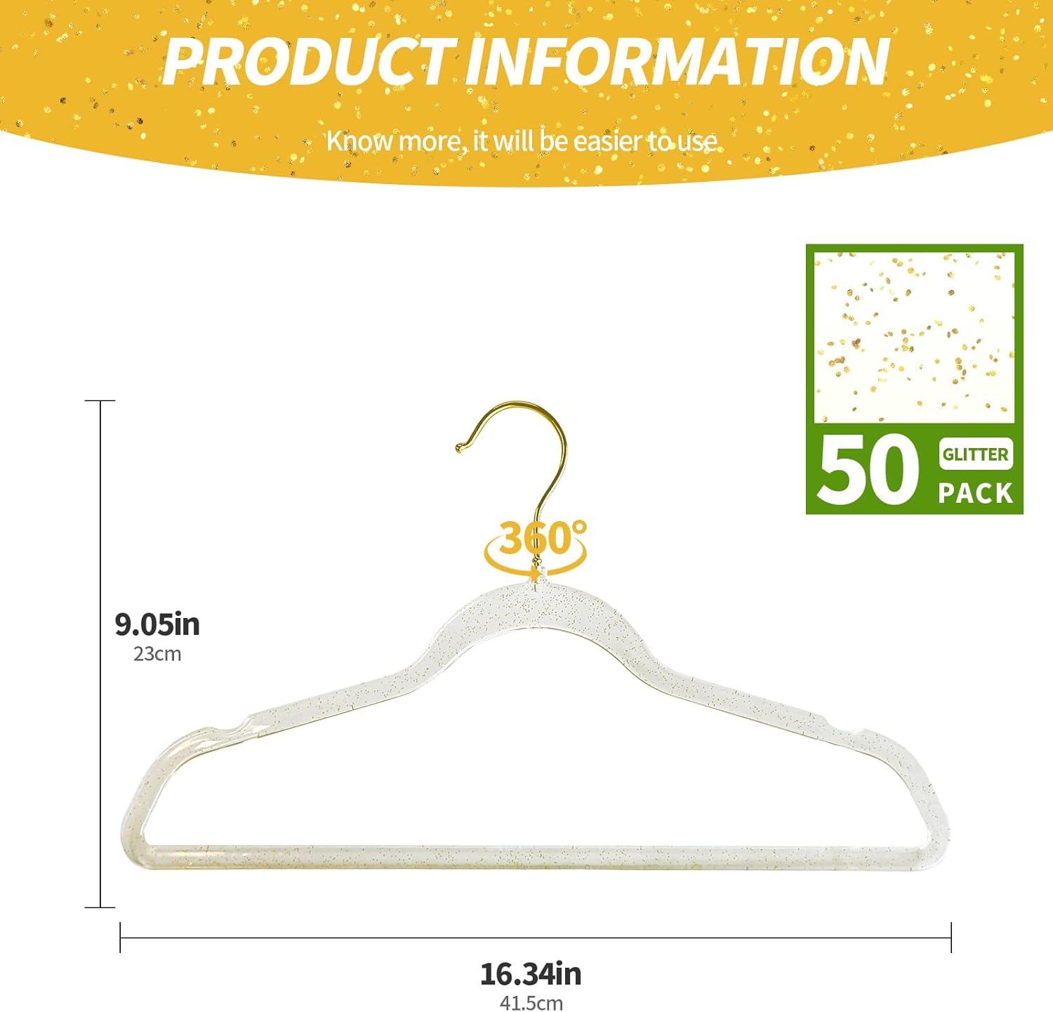 Jiang&Rong Premium Clear Acrylic Hangers with Gold Glitter – 50 Pack Crystal Plastic Coat Hangers, Thin Space Saving Hangers for Clothes, Dress, Blouse & Pants