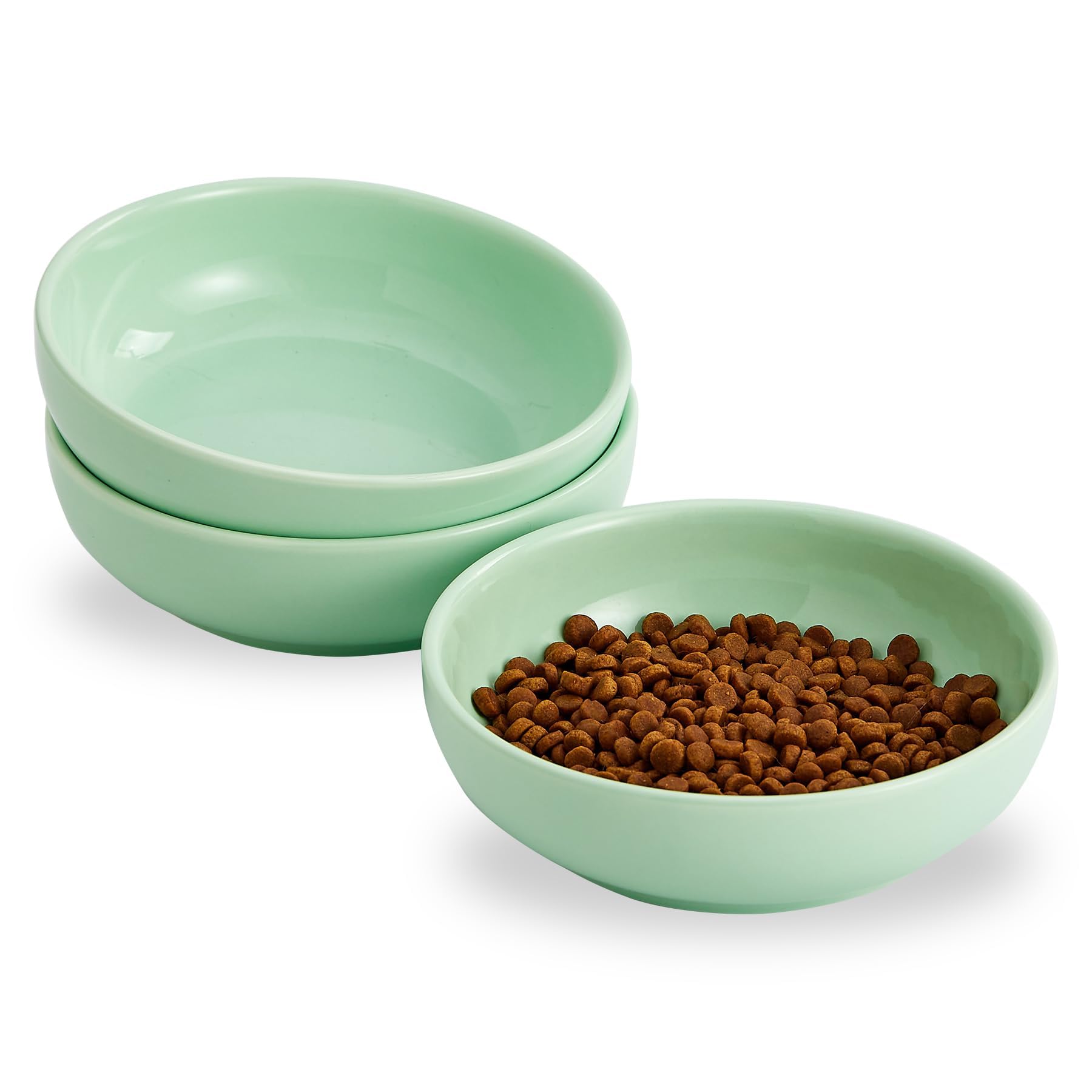 Howise 5.3 in Ceramic Cat Bowls Set, Shallow Food Bowl for Small Pets, Dish for Food and Water, Green