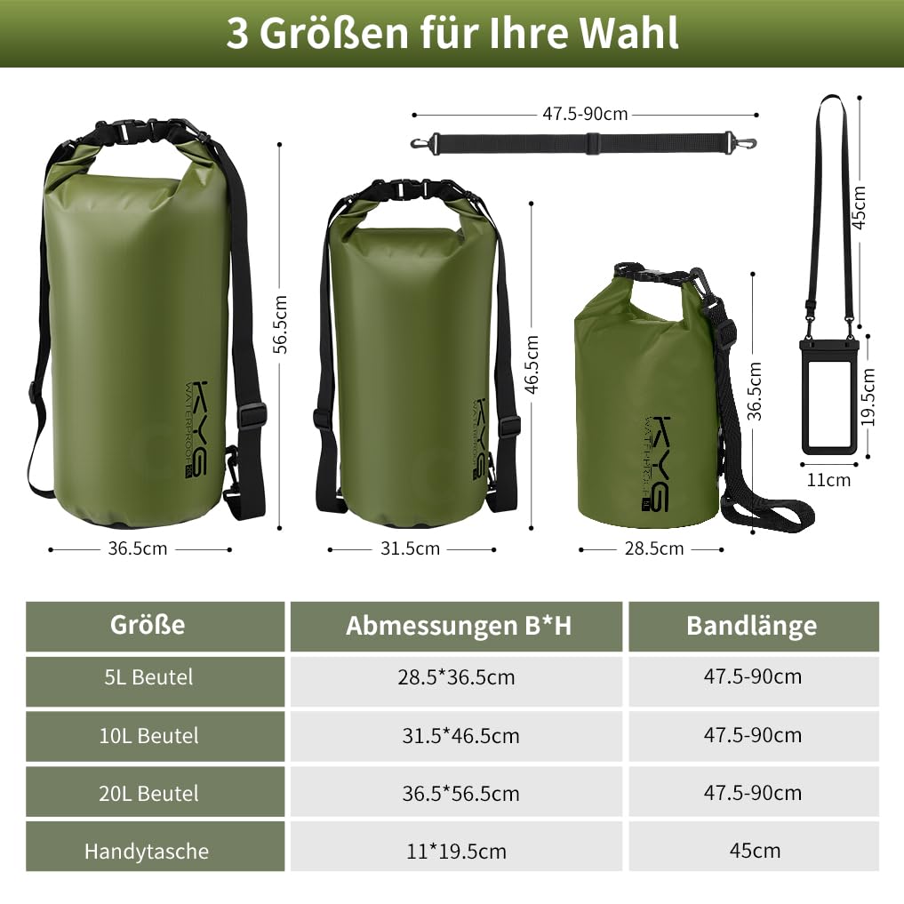 KYG Dry Bag Borsa Impermeabile, 5L/10L/20L, con Custodia Impermeabile per Cellulare, Borsa Asciutta per Spiaggia e Sport All'aperto, Escursionismo, SCI, Pesca, Arrampicata, Campeggio, Surf, Rafting