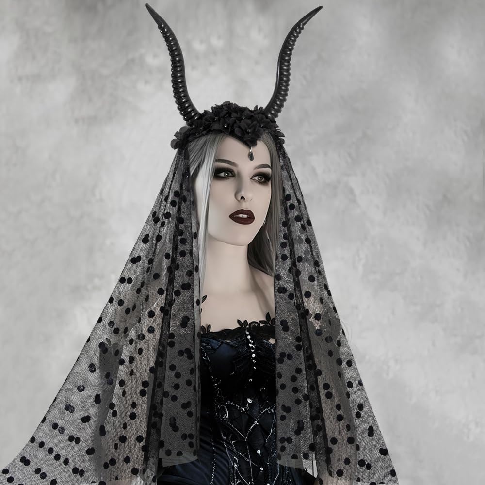 Halloween Demon Horns Headband with Black Veil Devil Gothic Sheep Horn Headband Punk Goat Horns Hair Accessories for Women Headdress Cosplay Masquerade Party Supplies image 3