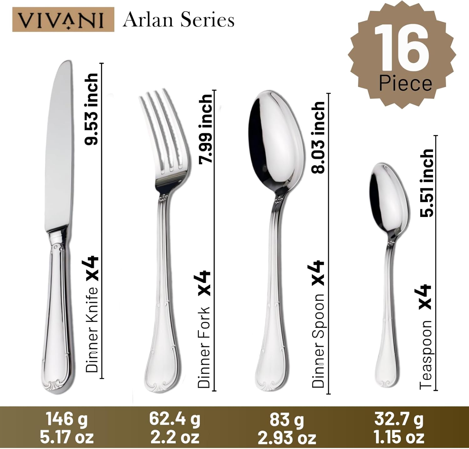 VIVANI 16-Piece Premium 18/10 Forged Flatware Set for 4, Heavy Duty Stainless Steel Silverware Cutlery for Fine Dining, Weddings & Banquets, Elegant Utensils in Black Gift Box