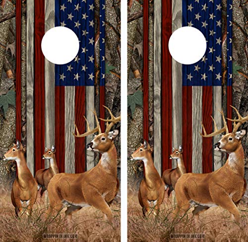 Speed Demon Hot Rod Shop Cornhole Board Wraps ~ Buck and Does Deer with American Flag and Camo Corn Hole Boards Laminated Decal Wraps (Set of 2) #12