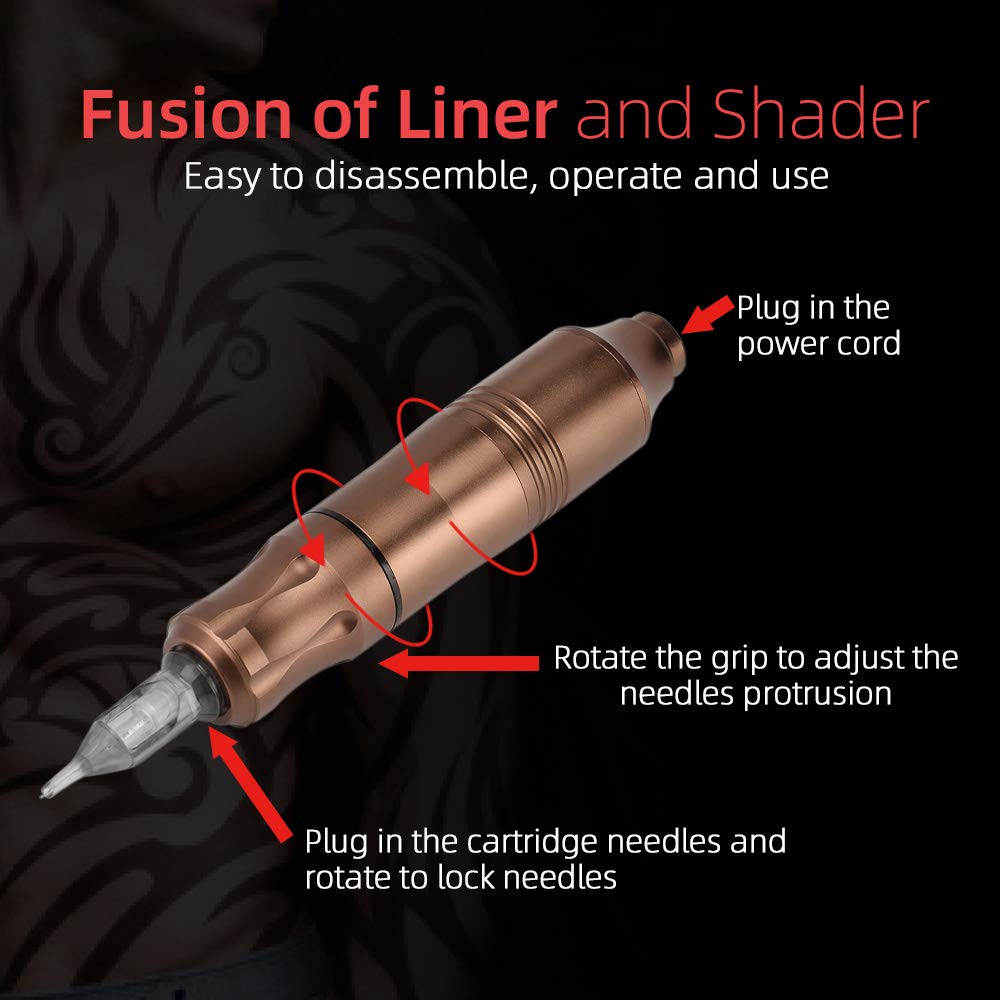 Rotary Tattoo Machine Kit, ATOMUS Tattoo Pen Style Cartridge Machine Gun Liner Shader with Power Supply 50pcs Mixed RL RS Cartridge Needles Foot Pedal DC Cord Bandage (Champagne)