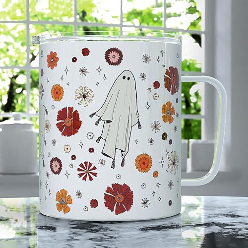 Miniatura 6 de Retro Ghost Halloween Insulated Travel Coffee Mug with Lid, Spooky Fall Autumn Season Cup (18oz)