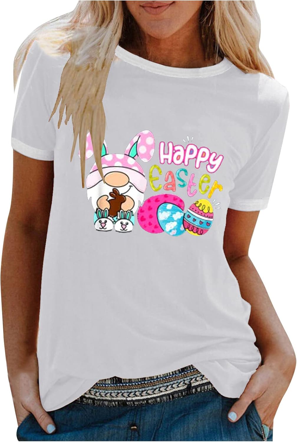 Easter Shirts for Women O Neck Tops Trendy Cute Bunny Graphic Shirt Tunic Tees Short Sleeve Loose Tshirts Blouse
