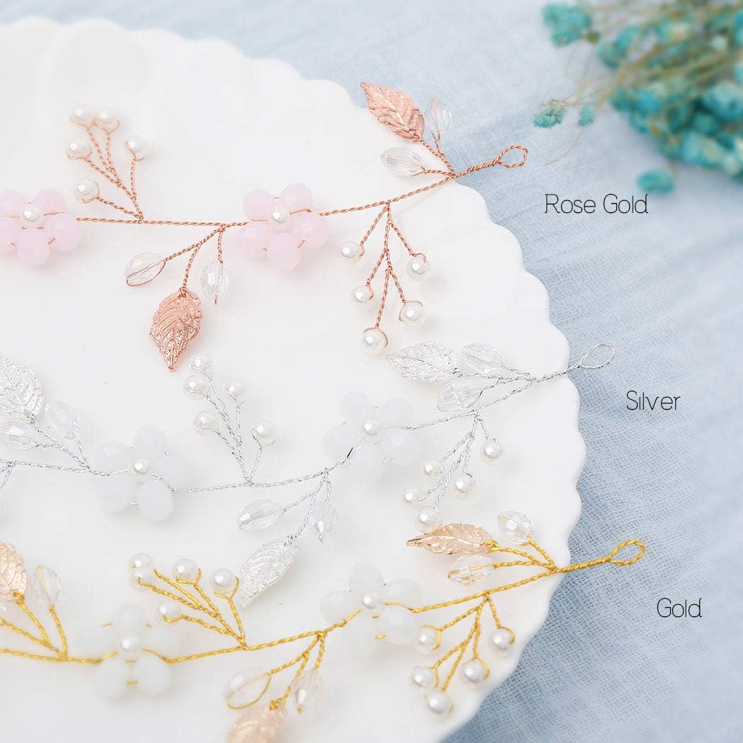 Handcess Leaves Bride Wedding Hair Vine Silver Pearl Opal Headpiece Flower Rhinestone Bridal Hair Accessoreies for Women and Girls (Rose Gold) - Image 4
