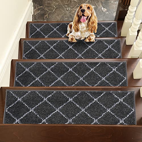 Beqhause Stair Treads For Wooden Steps Non Slip Machine Washable Stair Runner Soft Polyester Stair Rugs 28Inx9In For Elders,Kids And Dogs With Self-Adhesive Backing 15Pcs,Black #TOP5