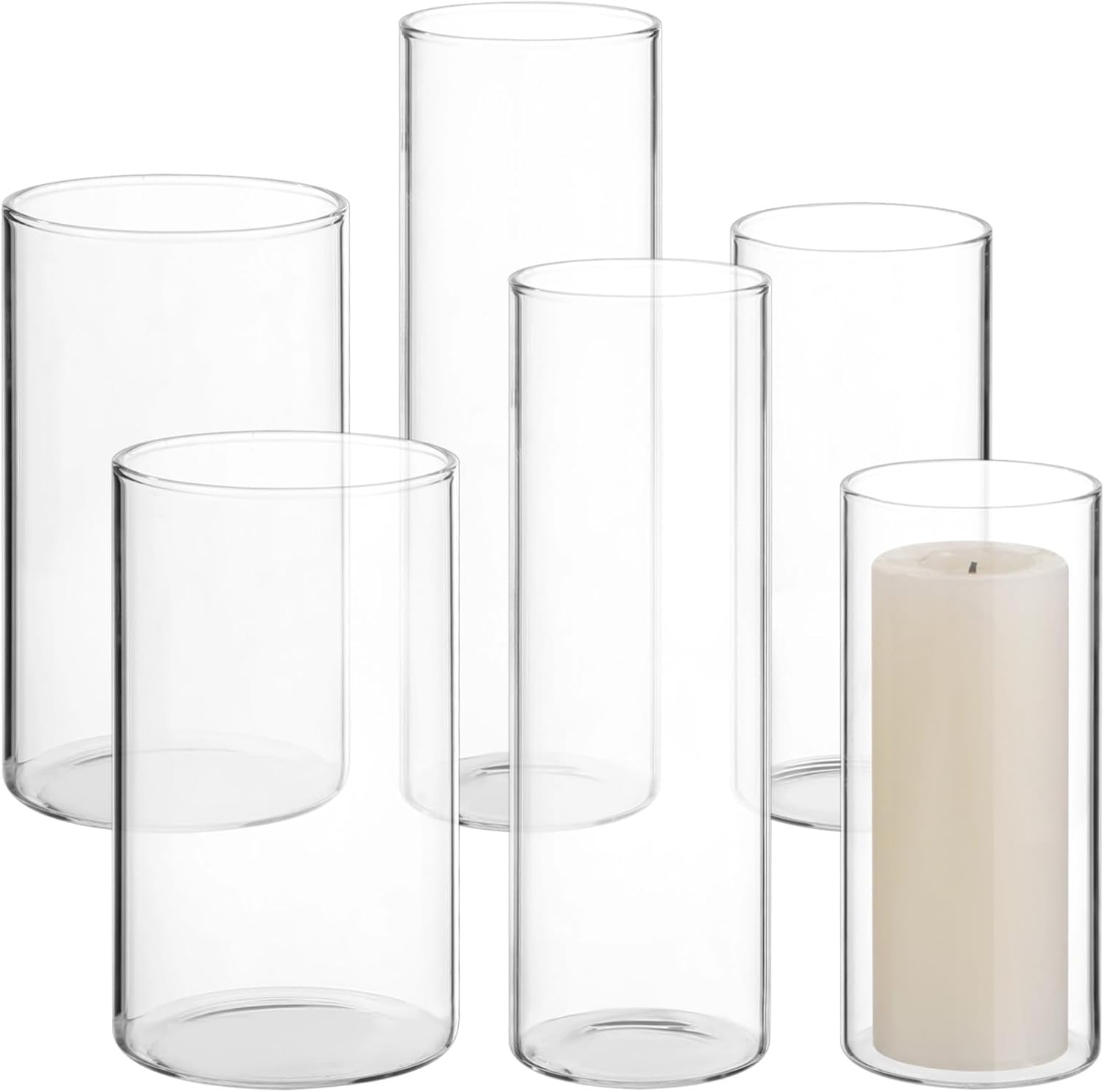 6 Pack Glass Hurricane Holders, Stylish Cylinder Candle Vases, Transparent Home Accents, Wind Resistant White Candles, Minimalist Modern Design