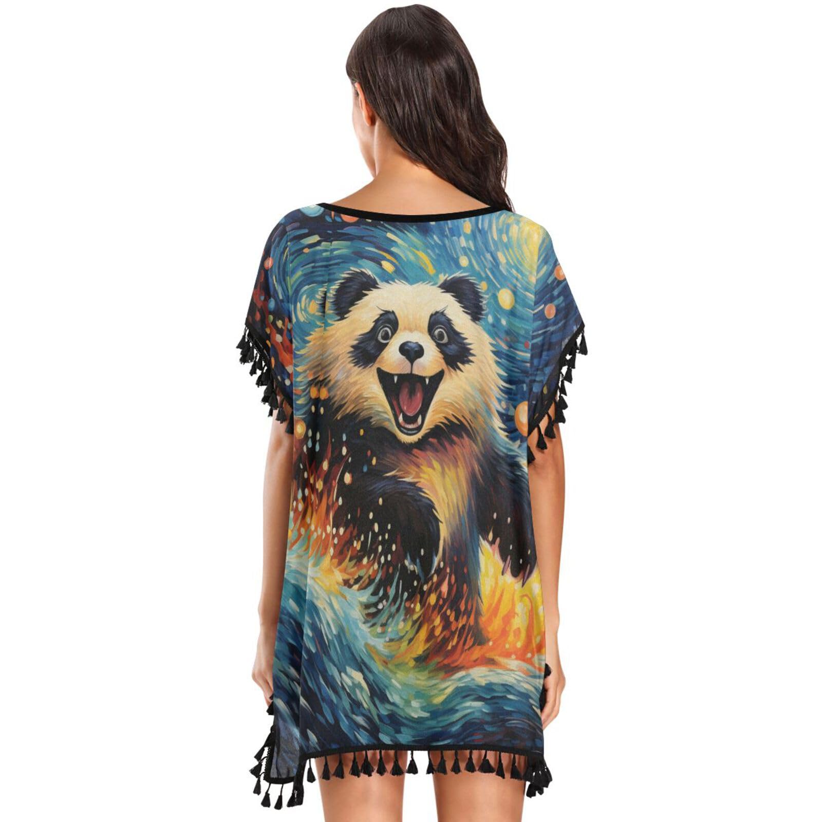 KAAVIYO Artwork Moon Panda Women's Beach Cover Up Chiffon Tassel Swimwear Swimsuit Coverups for Girl