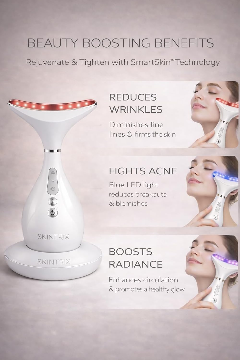 Red Light Face and Neck Beauty Device, 3-in-1 Massager with Vibration and Warming Function for Daily Skincare Routine (White)