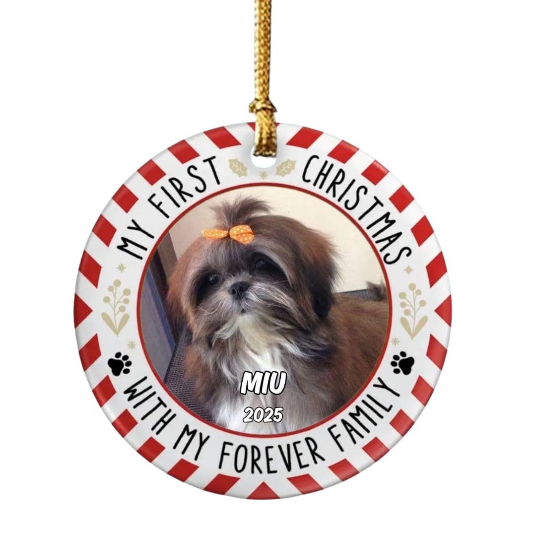 TPJ Handmade Resin Customized Pet Name Christmas Ornaments Tree Decoration with Dog Cat Photo, Personalized Unique Cute Pet Lovers Gift for Dog Pet, Xmas Holiday Keepsake – My First Christmas Red