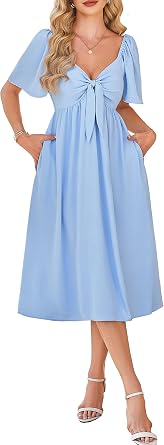 Kikibell Summer Dress for Women Casual Short Sleeve Bow Tie V Neck Smocked High Waist A-Line Flowy Midi Dress with Pockets
