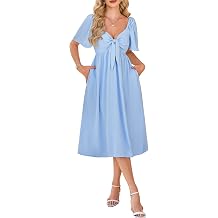 Kikibell Summer Dress for Women Casual Short Sleeve Bow Tie V Neck Smocked High Waist A-Line Flowy Midi Dress with Pockets