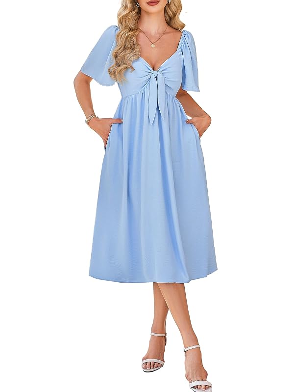 Kikibell Blue Maternity Dress Women Short Sleeve Bow Tie V Neck Smocked High Waist Knee Length Dress for Women Blue XX-Large by Kikibell - Used condition - US$37.77