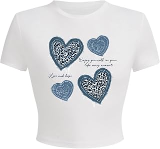 Women's Heart Graphic Crop Top Short Sleeve Crewneck T Shirt Summer Tee