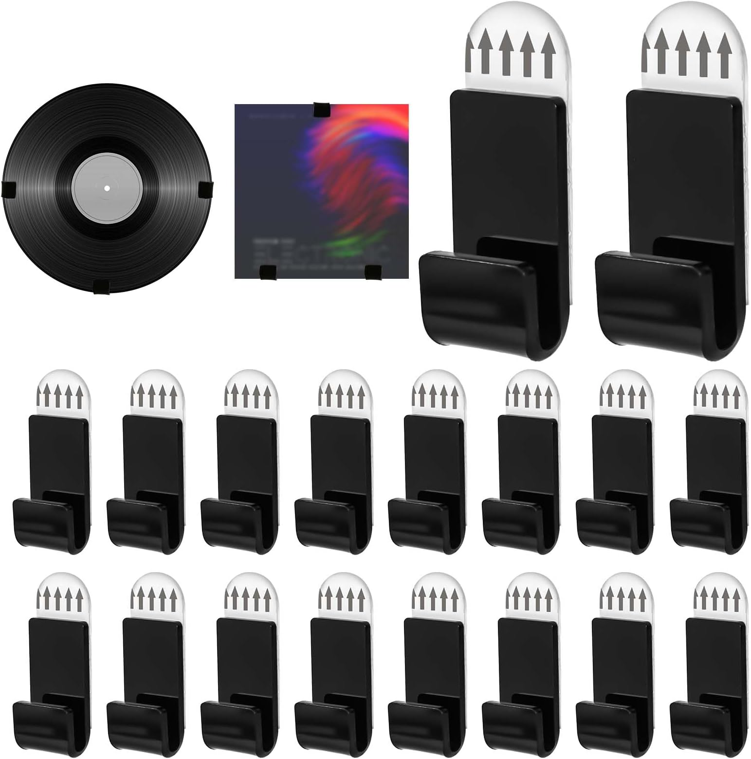 18pcs Vinyl Record Wall Mount Shelf, Nail-Free Vinyl Record Holder Display Self-Adhesive Acrylic Album Storage Hanger for Collection Magazine CD Card Home Office Decoration (Black)